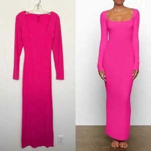 SKIMS Fits Everybody Soft Lounge Ribbed Scoop Neck Maxi Dress Hot Pink Women's L